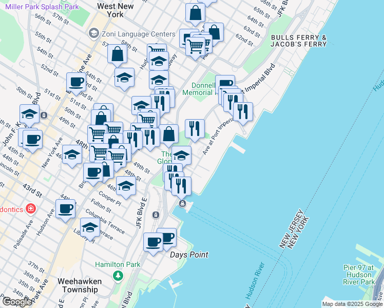 map of restaurants, bars, coffee shops, grocery stores, and more near in West New York