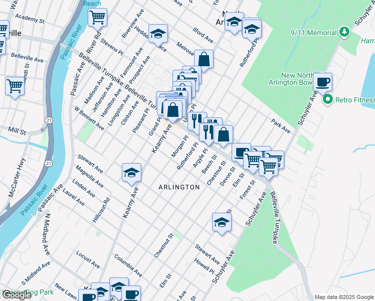 map of restaurants, bars, coffee shops, grocery stores, and more near 128 Morgan Place in Kearny