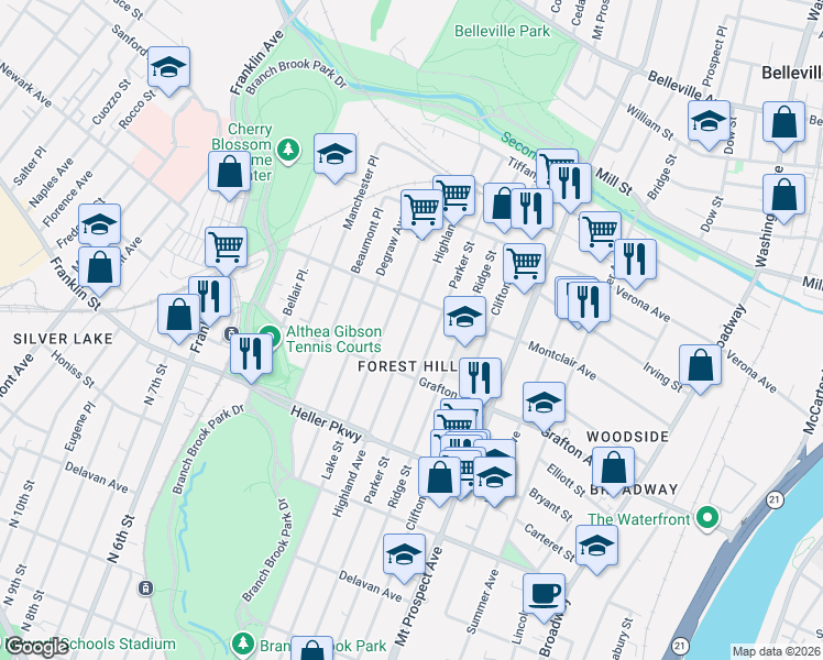 map of restaurants, bars, coffee shops, grocery stores, and more near 258 Montclair Avenue in Newark