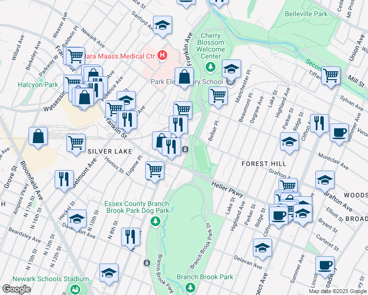 map of restaurants, bars, coffee shops, grocery stores, and more near 935 Franklin Avenue in Newark