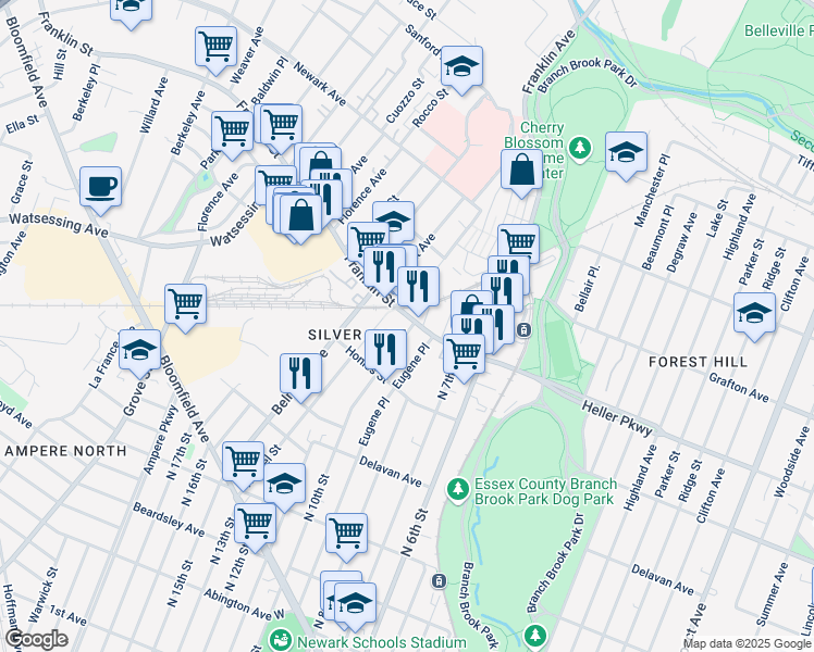 map of restaurants, bars, coffee shops, grocery stores, and more near 9 Watchung Avenue in Belleville