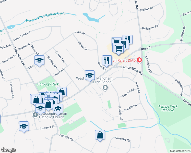 map of restaurants, bars, coffee shops, grocery stores, and more near 3 Halstead Road in Mendham