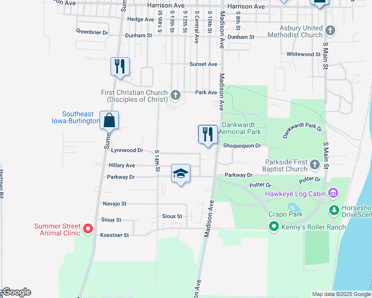 map of restaurants, bars, coffee shops, grocery stores, and more near 1104 Lynnwood Drive in Burlington