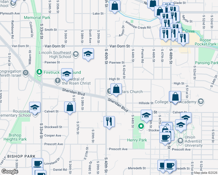 map of restaurants, bars, coffee shops, grocery stores, and more near 3218 South 40th Street in Lincoln