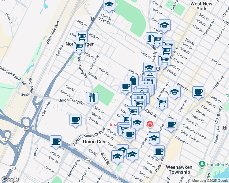 map of restaurants, bars, coffee shops, grocery stores, and more near 1215 43rd Street in North Bergen