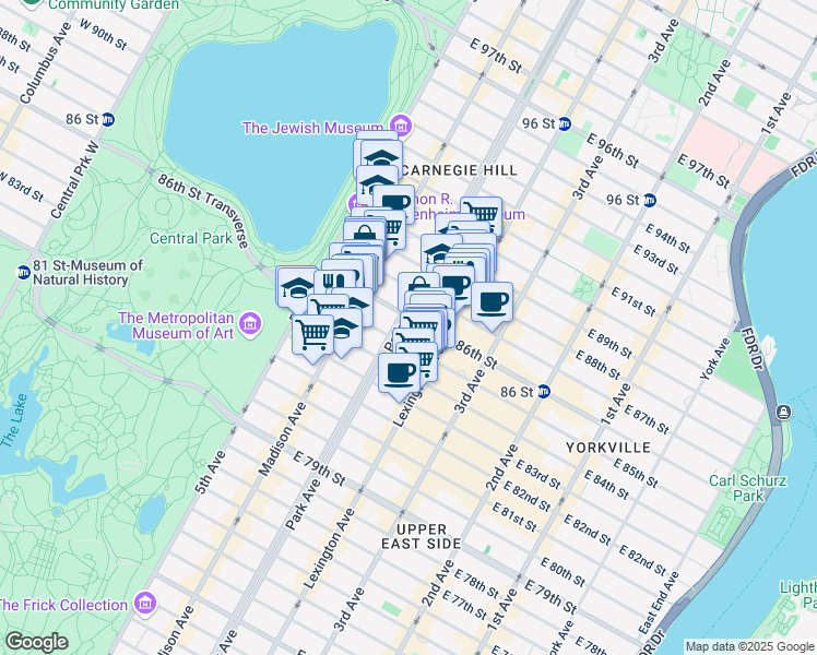 map of restaurants, bars, coffee shops, grocery stores, and more near 1040 Park Avenue in New York