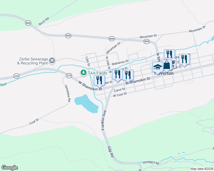 map of restaurants, bars, coffee shops, grocery stores, and more near 1000-1198 W Market St in Trevorton