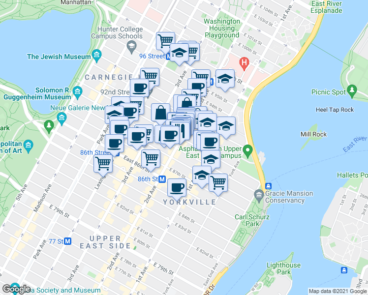 map of restaurants, bars, coffee shops, grocery stores, and more near 303 East 89th Street in New York