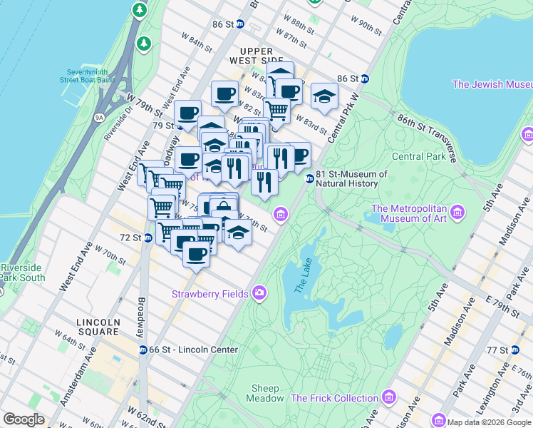 map of restaurants, bars, coffee shops, grocery stores, and more near 40 West 77th Street in New York