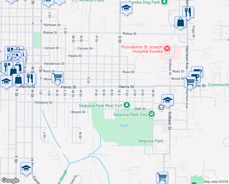 map of restaurants, bars, coffee shops, grocery stores, and more near 1625 Harris Street in Eureka