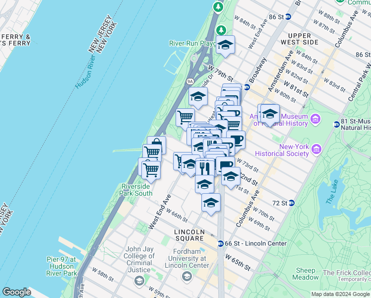 map of restaurants, bars, coffee shops, grocery stores, and more near 310 West 72nd Street in New York