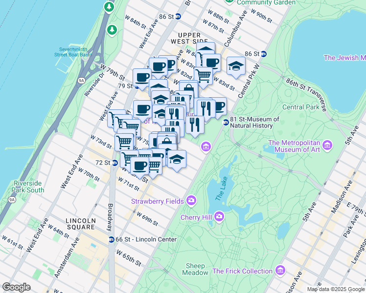 map of restaurants, bars, coffee shops, grocery stores, and more near 41 West 76th Street in New York