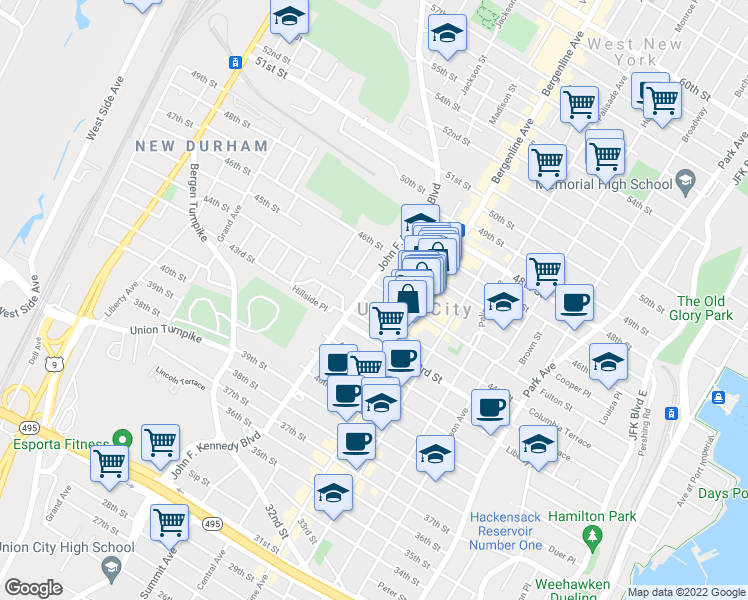 map of restaurants, bars, coffee shops, grocery stores, and more near 4508 John F. Kennedy Boulevard in Union City