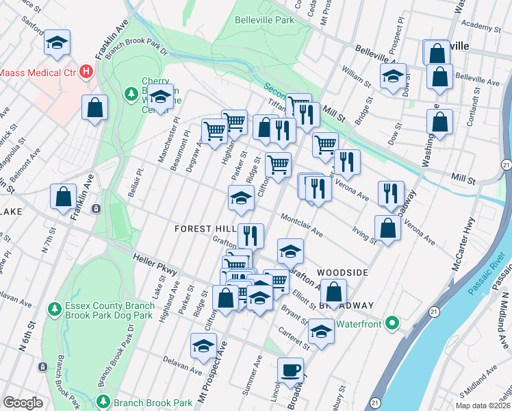 map of restaurants, bars, coffee shops, grocery stores, and more near Montclair Avenue in Newark