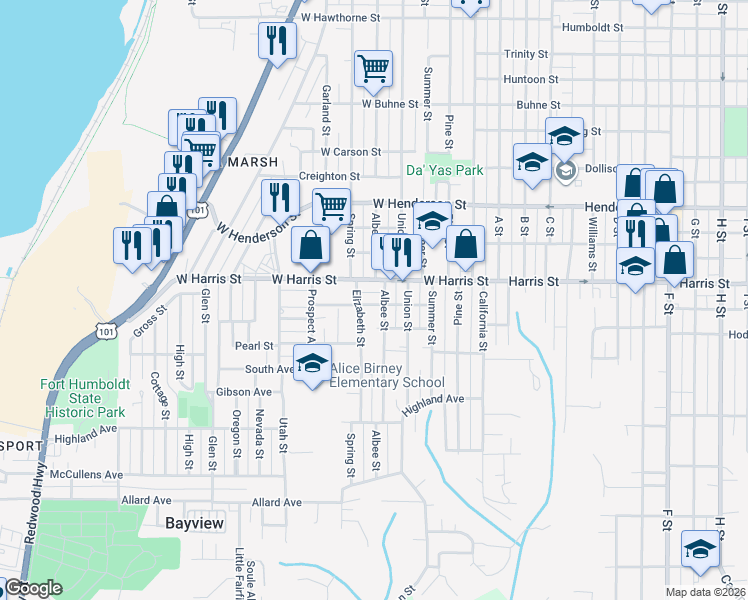 map of restaurants, bars, coffee shops, grocery stores, and more near 432 West Harris Street in Eureka