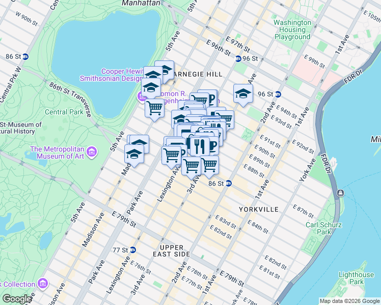 map of restaurants, bars, coffee shops, grocery stores, and more near 152 East 87th Street in New York