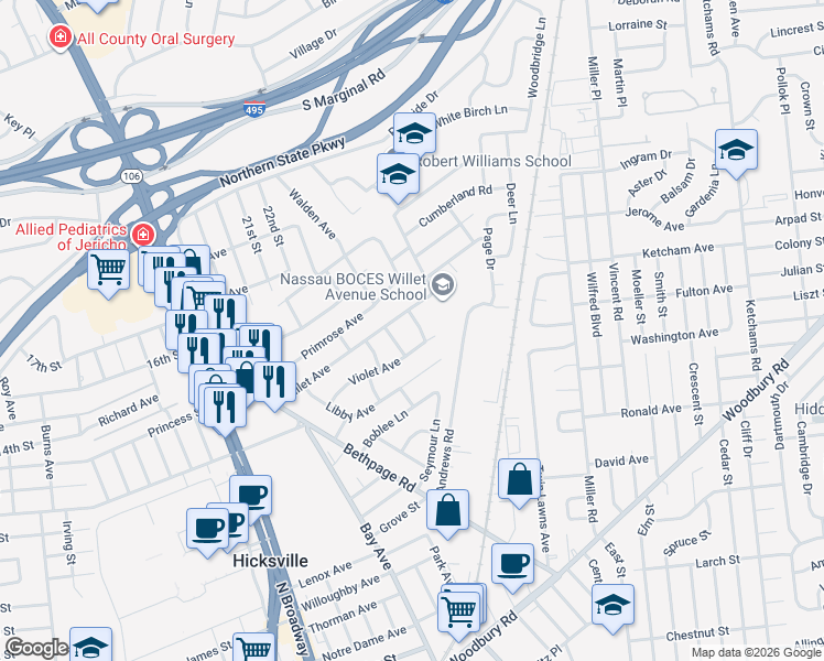 map of restaurants, bars, coffee shops, grocery stores, and more near 1 Marion Street in Hicksville