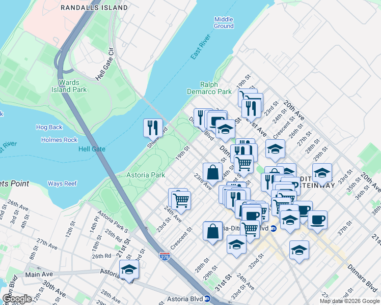 map of restaurants, bars, coffee shops, grocery stores, and more near 22-29 19th Street in Queens