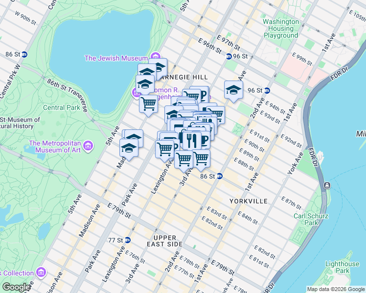 map of restaurants, bars, coffee shops, grocery stores, and more near 152 East 87th Street in New York
