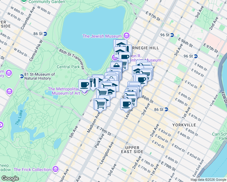 map of restaurants, bars, coffee shops, grocery stores, and more near 1161 Madison Avenue in New York