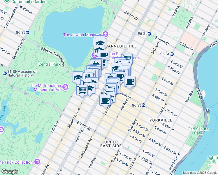 map of restaurants, bars, coffee shops, grocery stores, and more near 40 East 86th Street in New York