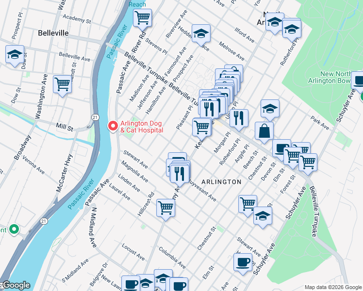 map of restaurants, bars, coffee shops, grocery stores, and more near 80 Pleasant Place in Kearny