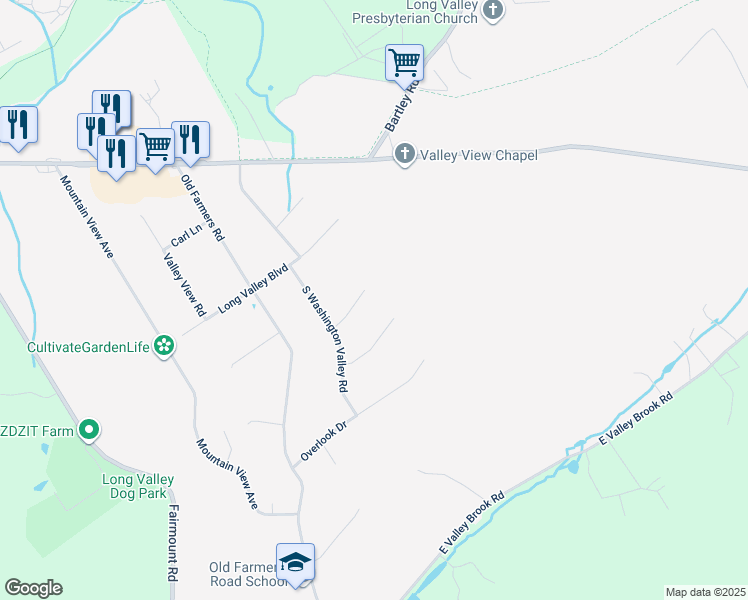 map of restaurants, bars, coffee shops, grocery stores, and more near 7 Dellwood Drive in Long Valley