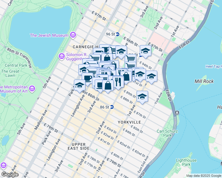 map of restaurants, bars, coffee shops, grocery stores, and more near 217 East 88th Street in New York