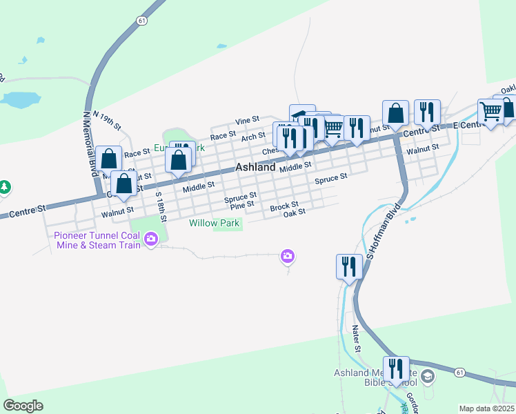 map of restaurants, bars, coffee shops, grocery stores, and more near 1206 Pine Street in Ashland