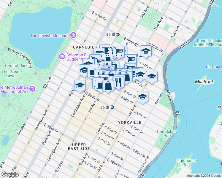 map of restaurants, bars, coffee shops, grocery stores, and more near 217 East 88th Street in New York