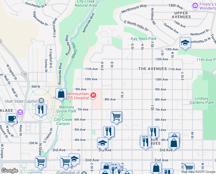 map of restaurants, bars, coffee shops, grocery stores, and more near 375 East 9th Avenue in Salt Lake City