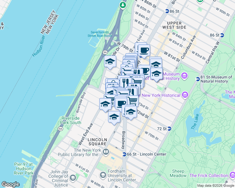 map of restaurants, bars, coffee shops, grocery stores, and more near 244 West 74th Street in New York