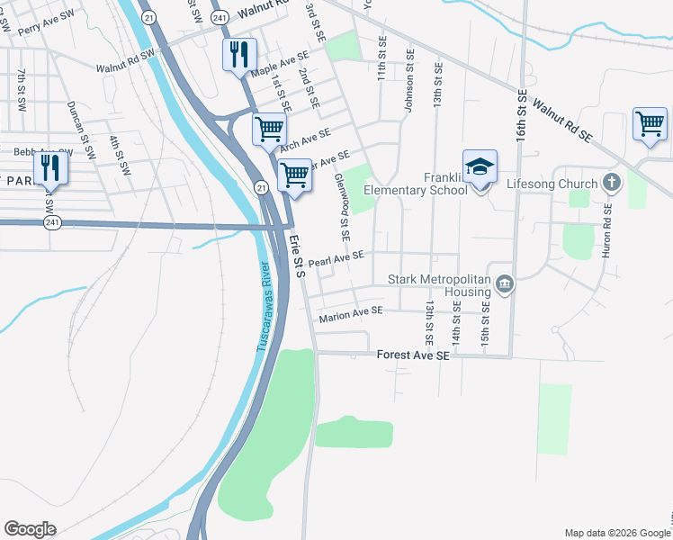 map of restaurants, bars, coffee shops, grocery stores, and more near 1514 Pearl Place Southeast in Massillon