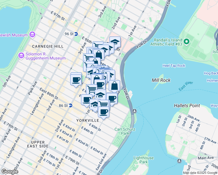 map of restaurants, bars, coffee shops, grocery stores, and more near 405 East 92nd Street in New York