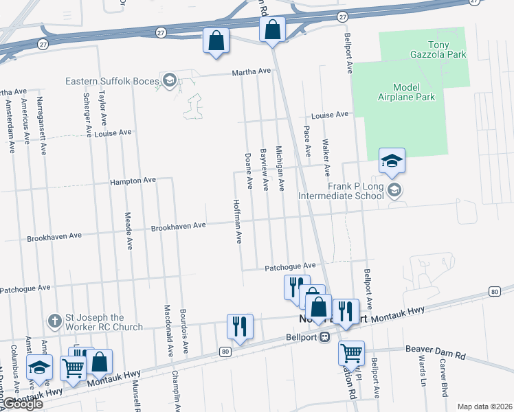 map of restaurants, bars, coffee shops, grocery stores, and more near 735 Doane Avenue in Bellport