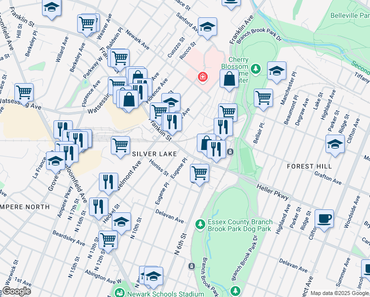 map of restaurants, bars, coffee shops, grocery stores, and more near 62 Franklin Street in Belleville