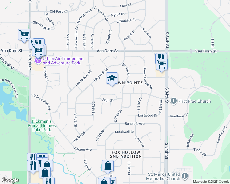 map of restaurants, bars, coffee shops, grocery stores, and more near 7800 High Street in Lincoln