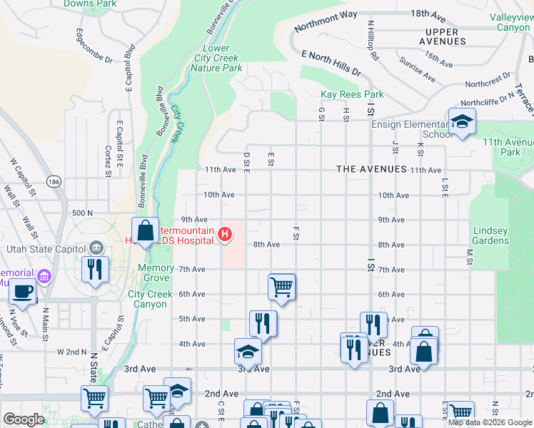 map of restaurants, bars, coffee shops, grocery stores, and more near 477 E Street East in Salt Lake City