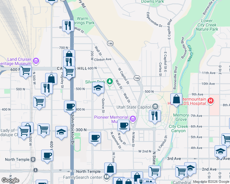 map of restaurants, bars, coffee shops, grocery stores, and more near in Salt Lake City