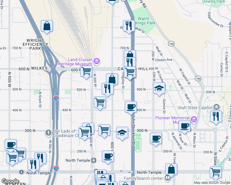 map of restaurants, bars, coffee shops, grocery stores, and more near 356 West 500 North in Salt Lake City