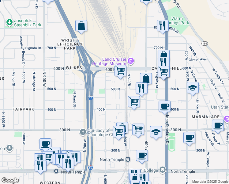 map of restaurants, bars, coffee shops, grocery stores, and more near 566 500 North in Salt Lake City