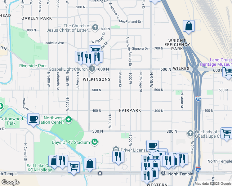 map of restaurants, bars, coffee shops, grocery stores, and more near 1032 West 500 North in Salt Lake City