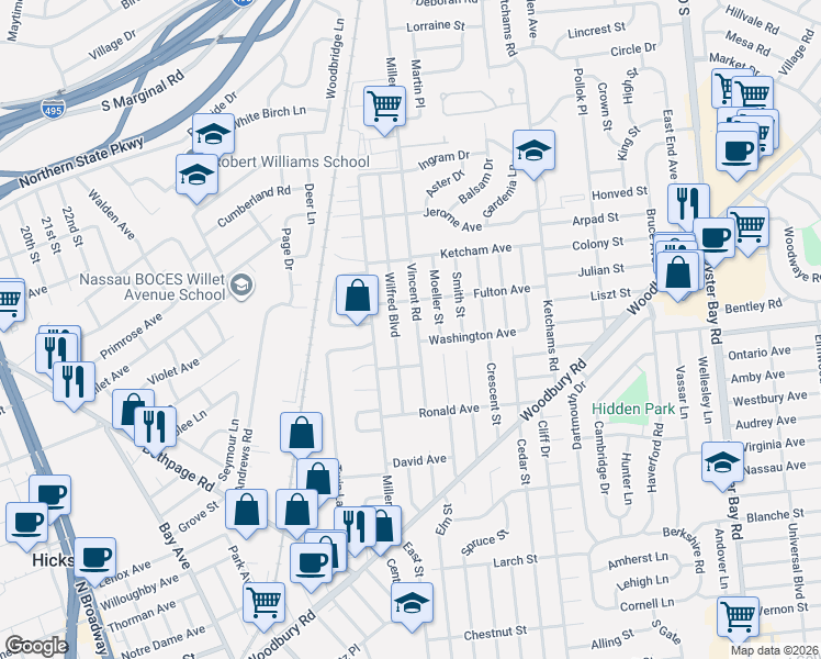 map of restaurants, bars, coffee shops, grocery stores, and more near 113 Wilfred Boulevard in Hicksville