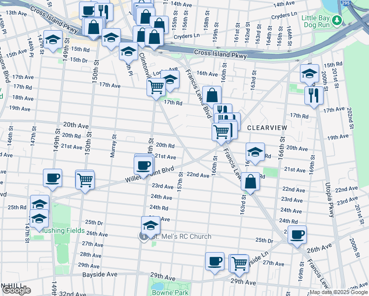 map of restaurants, bars, coffee shops, grocery stores, and more near 20-07 Clintonville Street in Queens