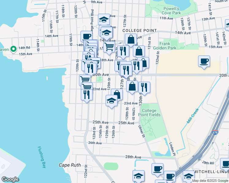 map of restaurants, bars, coffee shops, grocery stores, and more near 20-43 126th Street in Queens