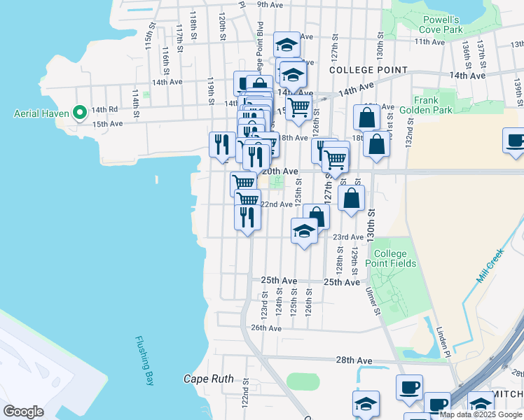 map of restaurants, bars, coffee shops, grocery stores, and more near 21-07 123rd Street in Queens