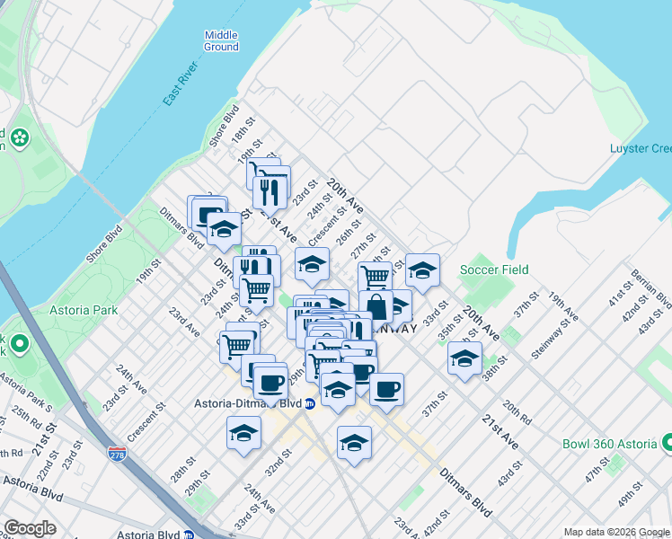 map of restaurants, bars, coffee shops, grocery stores, and more near 20-68 26th Street in Queens