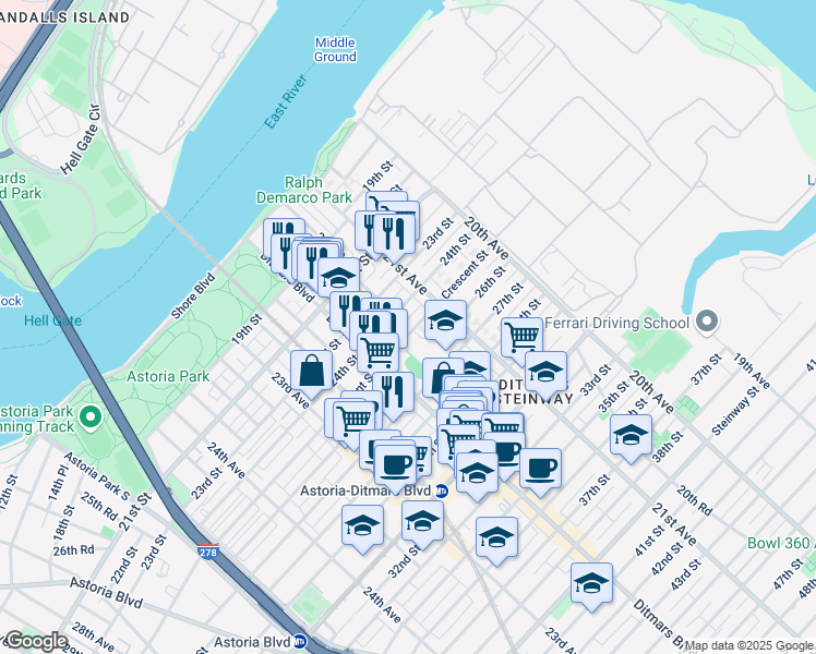 map of restaurants, bars, coffee shops, grocery stores, and more near 21-36 24th Street in Queens