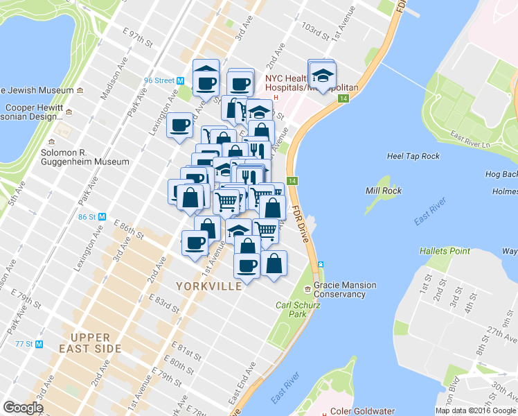 map of restaurants, bars, coffee shops, grocery stores, and more near 405 East 92nd Street in New York