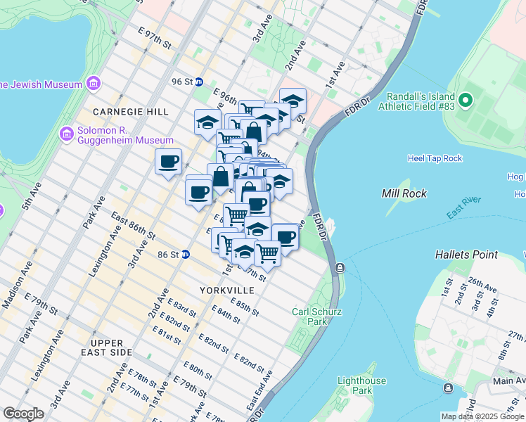 map of restaurants, bars, coffee shops, grocery stores, and more near 333 East 91st Street in New York